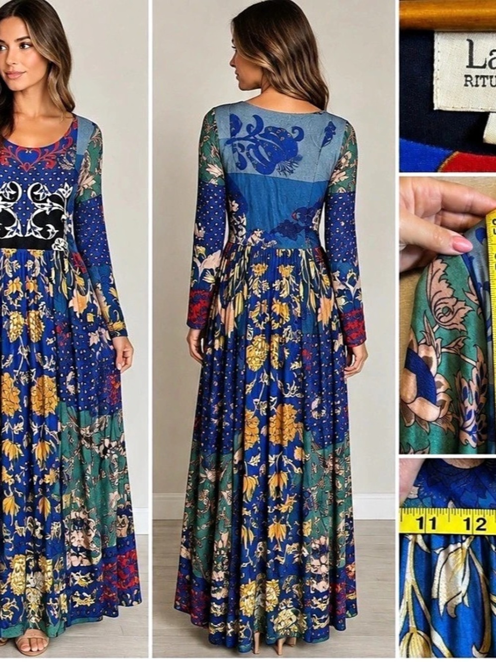 Ritu Kumar Printed Maxi Dress in Blue & Green Size Medium 6-8 Like New